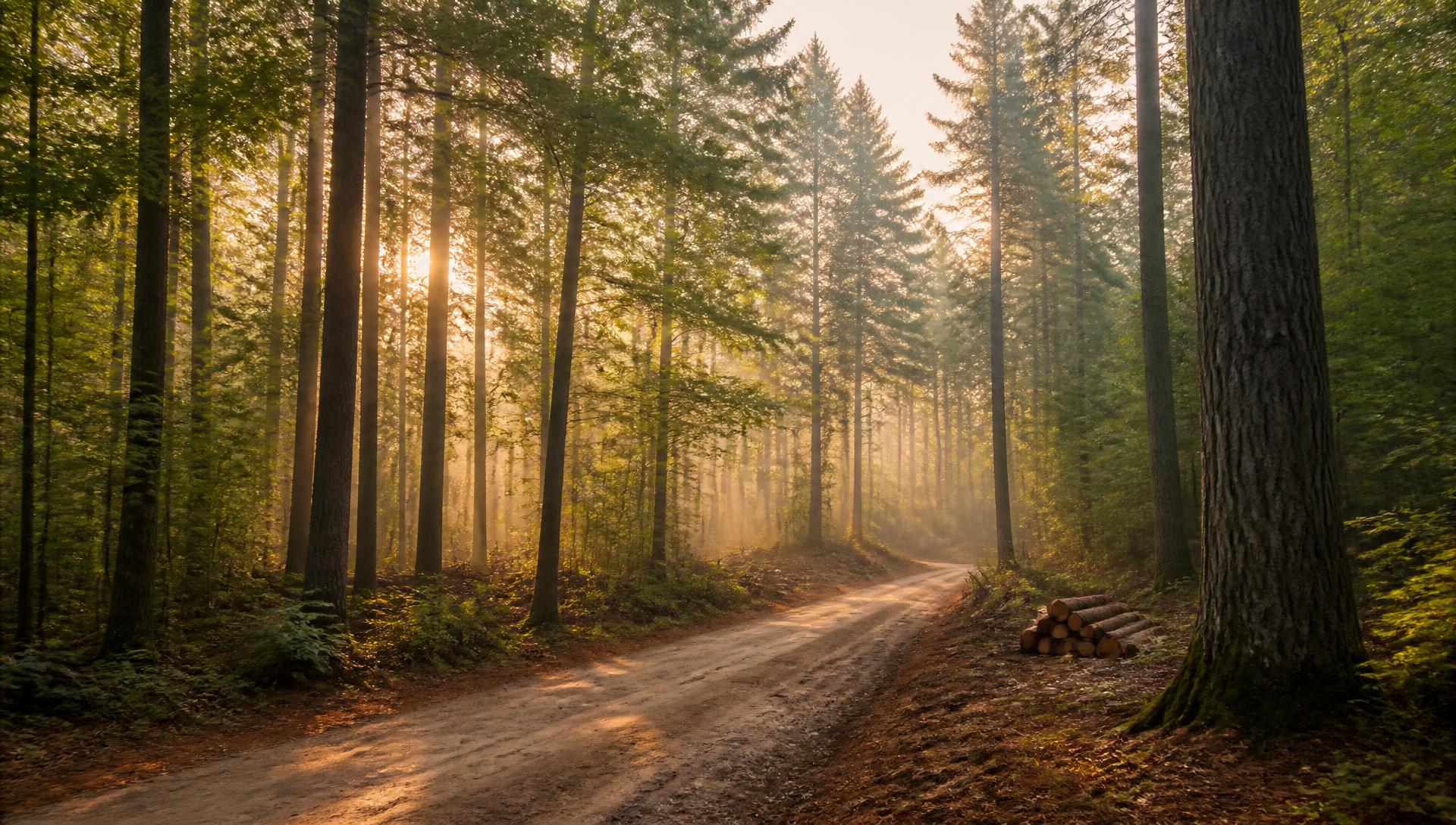 Sunlit logging road through a New Hampshire pine and hardwood forest