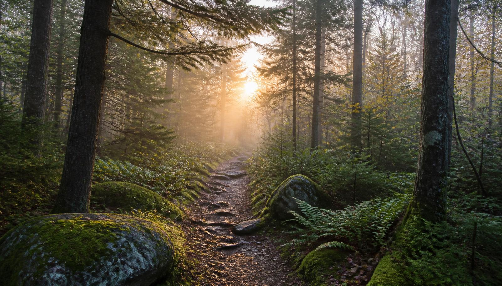 Misty footpath through New Hampshire woods at dawn